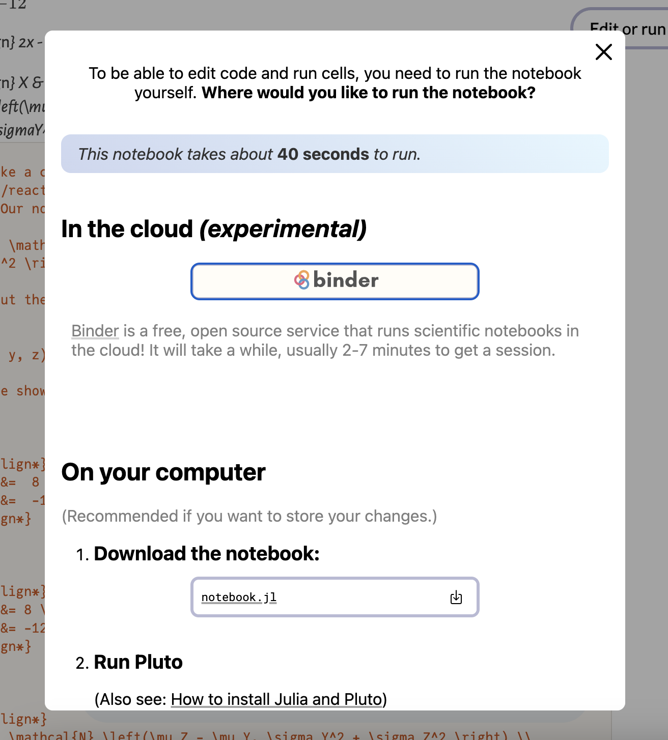 Screenshot of the 'Edit or run' menu with the option to download the notebook file.